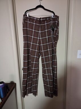 Hot Topic Brown Plaid Wide Leg Pants with Chain Accent